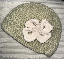 Sage Green Handmade Crochet Newborn Beanie/Hat With Cream Flower