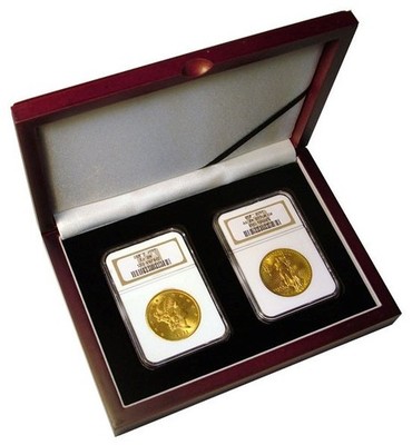 Wood Display Box For 2 Certified Graded Coin Slabs NGC PCGS ANA Mahogany Finish