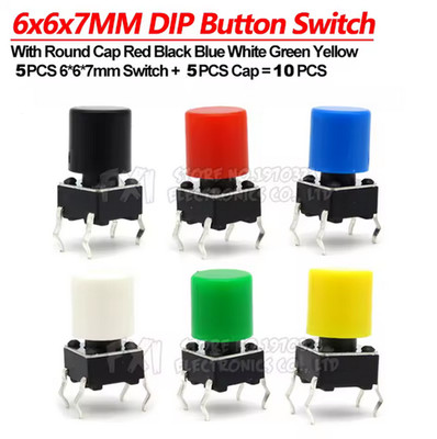 10Pcs 6x6x7mm PCB Mount Momentary 4 Pin Push Button Tactile Switch & Green Cap