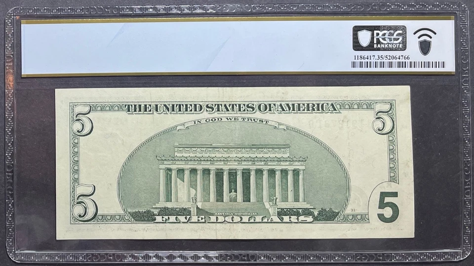 $5 2001 FW FRN Boston - Overprint Misalignment Error Shifted Seals - PCGS 35 - Image 2 of 2