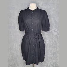 GAP NWT Black Puff Sleeve Dress Sz L *Petite Linen Blend Tie Waist Button Front