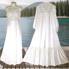 Vintage Eve Stillman Lingerie Satin Nightgown Robe Peignoir Lace Ruffles Set S