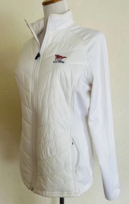 LACC US OPEN Straight Down White Hybrid Jacket Padded Stretch Knit Golf Travel L