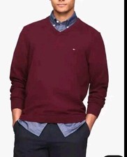 Tommy Hilfiger Nwt Men's S Burgandy Maroon Logo V-Neck Sweater Classic 69