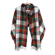 J Crew Factory Blanket Scarf Ivory Red Navy Green Tartan Plaid Fringe 24.5 x 78