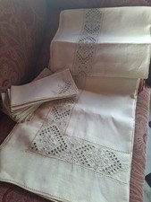 Antica Tovaglia Lino Ricamo A Mano  Cm260x180 Tovaglioli 10