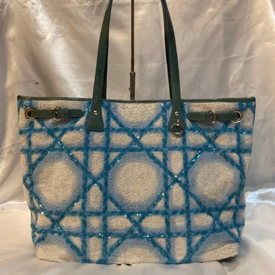 Christian Dior Cannage Spangle Sequin Pile Canvas Tote Bag Blau Weiß Selten G...