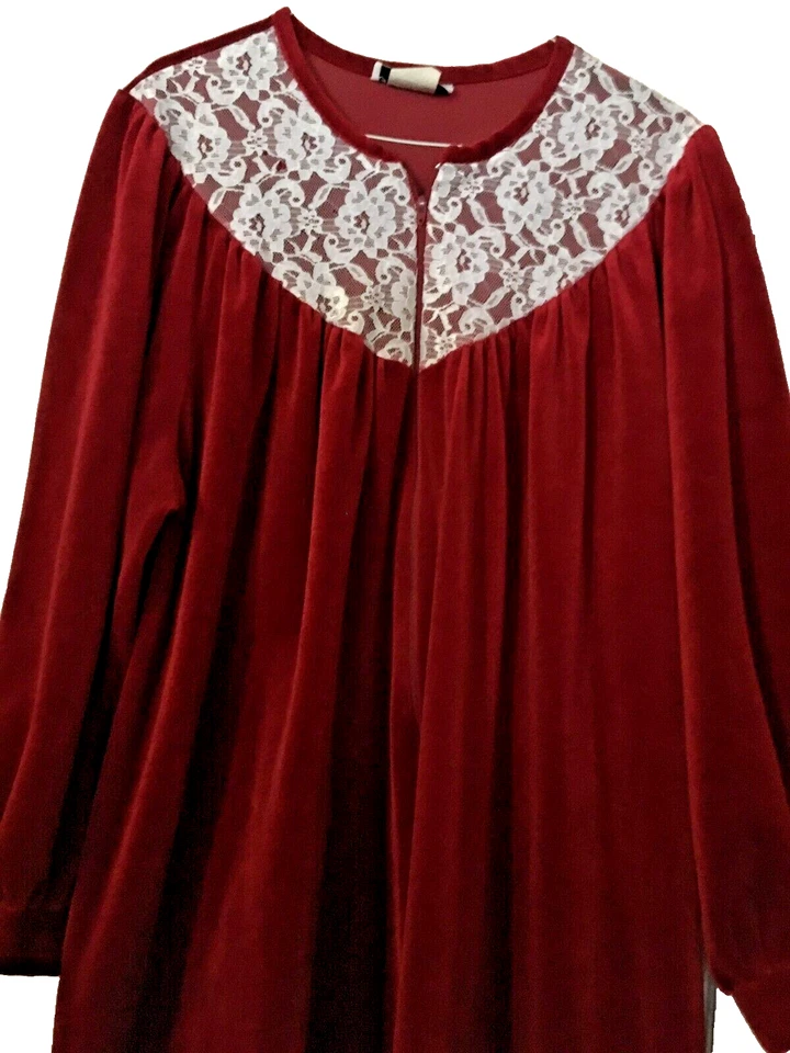 Vintage Anne Leslie Plus Robe Red Full Length Velour House Coat 1/2 Zip Front - Image 2 of 4