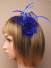 Royal Blue Fascinator with Hessian Rose, Petals, and Feather Tendrils Beak C...