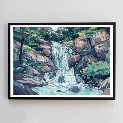 Wasserfall Fluss Landschaft Natur Gemälde Illustration A4 Wanddeko Kunstdruck