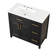 36" Bathroom Vanity Base with Sink, Solid Wood Frame, Doors and 3 Drawers, Black