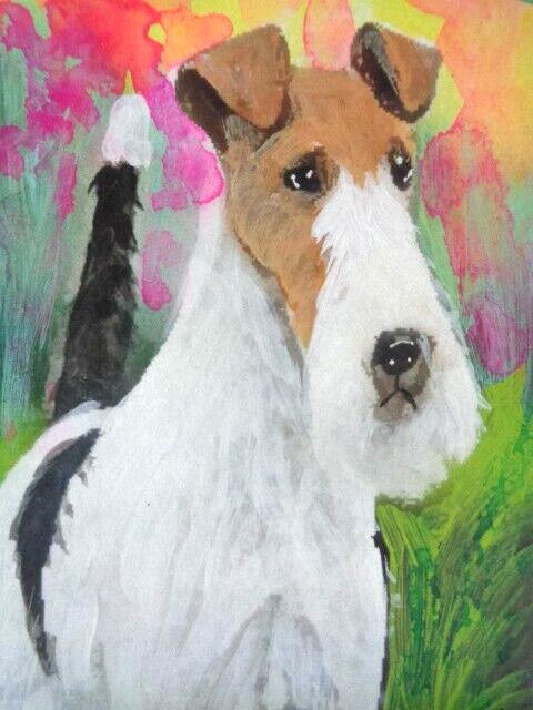 ATC  ACEO  Cute  WIRE FOX TERRIER DOG  Painting  PET ART