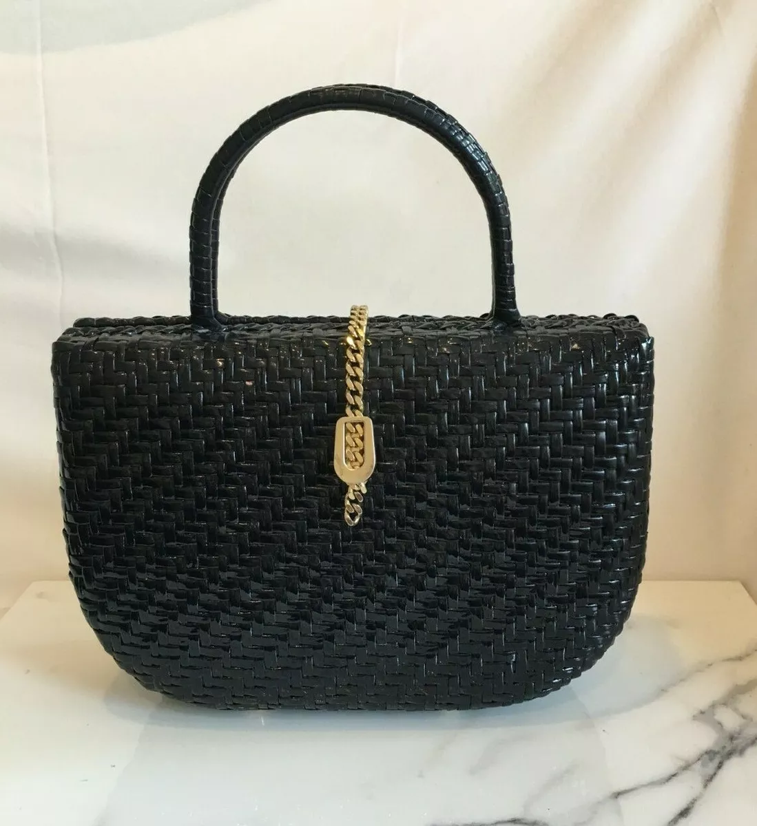 Vintage Roberto Ricci Black Coated Rattan Purse Wicker Handbag