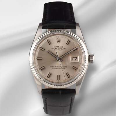 Vintage Rolex Men's 36mm Datejust Fluted Steel Watch Silver Dial Leather 1601
