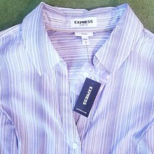 EXPRESS Button Up Dress Shirt Womens Size L White With Blue Stripes NWT Cotton