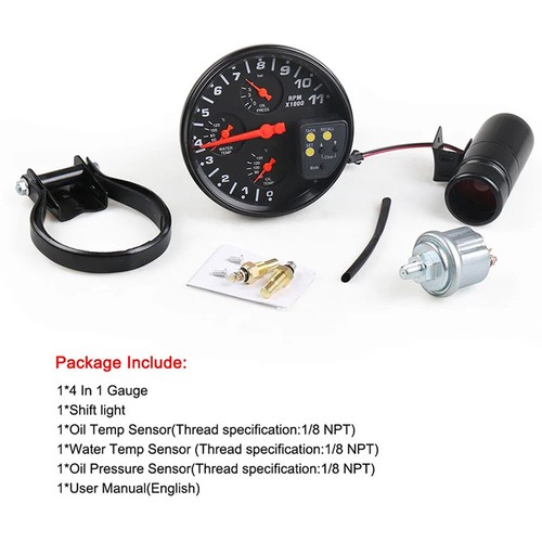 5" 4 In 1 11K RPM Tachometer Oil/Water Temp Gauge Oil Pressure Meter Black W6Q3 - Picture 6 of 11