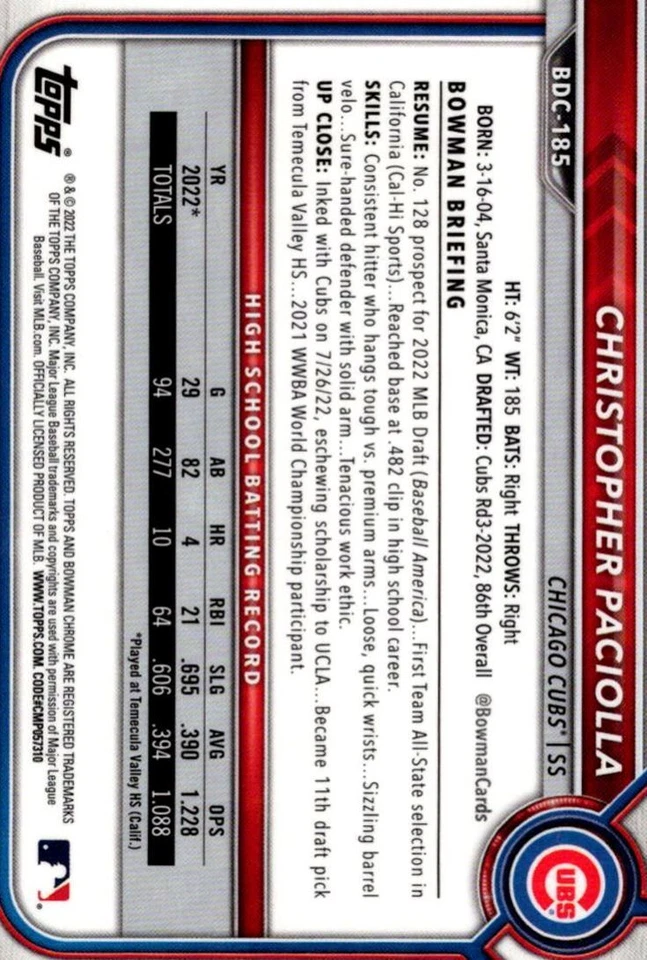 2022 Bowman Draft Chrome Christopher Paciolla Chicago Cubs #BDC-185 - Image 2 of 2