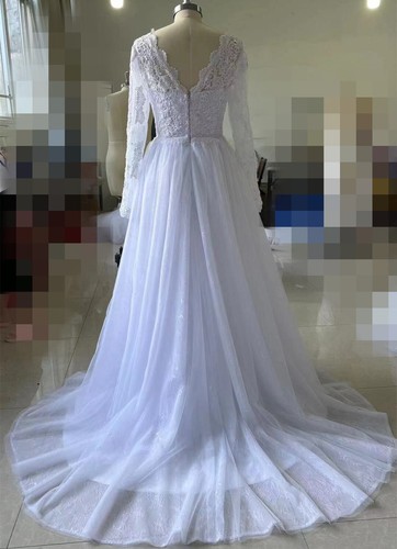 Elegant Long Sleeve A-line Wedding Dresses Lace Tulle V-neck Bridal Gown 2024 - Picture 14 of 16