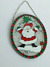 Vtg SANTA CLAUS Oval Stained Glass Hanging Sun Catcher Christmas Decoration