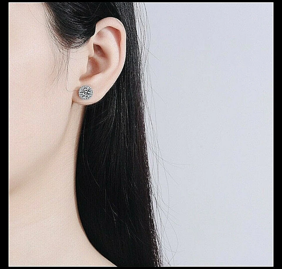 4 Ct Halo Round Cut VVS/D Lab Created Stud Earrings 14K White Gold Push Back 8mm - Image 2 of 4