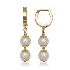 14K Solid Yellow Gold 7x36mm Genuine Pearl Dangle Hoop Huggie Earrings
