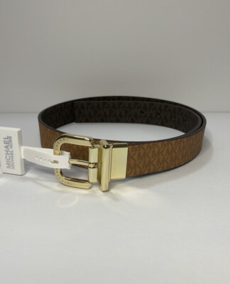 Michael Kors Reversible Leather Gold & Brown Belt. NWT Michael Kors MK Logo Reversible Leather Belt | Neiman Marcus main image 2