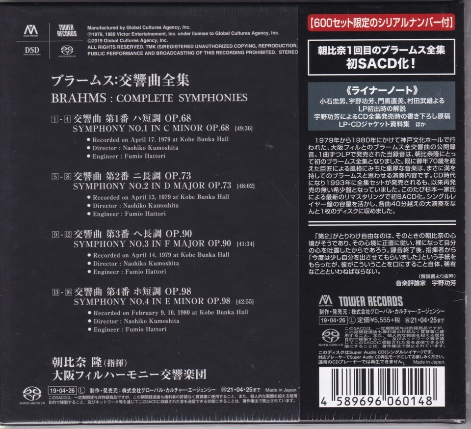 SACD Takashi Asahina Brahms Complete Symphonies Single Layer Numbered Japan New - Image 2 of 4