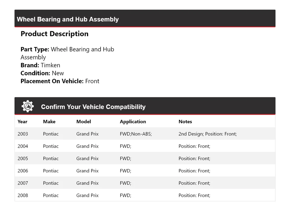 Conjunto de cojinete de rueda y buje delantero Timken para Pontiac Grand Prix 2003-2008 tracción delantera Foto 2 de 4