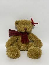 Vintage Russ Honey Brown Bear Plush, Red Plaid Scarf Bow