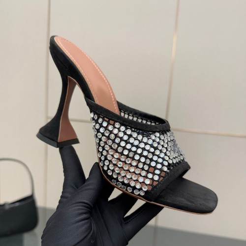 Amina Muaddi Crystal Mesh High Heel Sandals Hollow Mesh Square Head Muller Shoes - Picture 6 of 19
