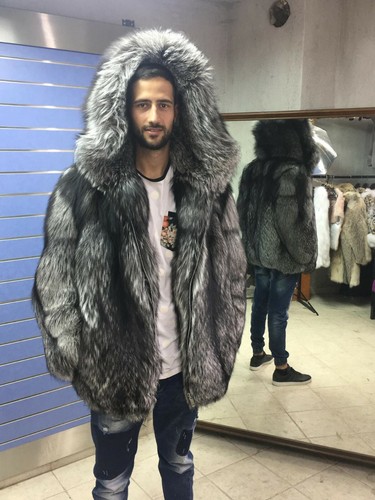 Luxury Full Skin Silver Fox Fur Mens Coat Real Fur Jacket Big Hood Silver Fox - Picture 2 of 9