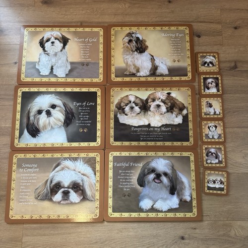 Rare DANBURY MINT Dining 6 Shih Tzu Dog Cork Back Placemats And Coasters