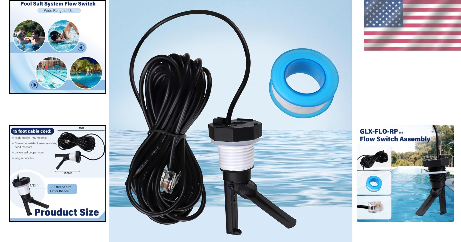 Universal Pool Flow Switch Assembly - 15FT Cable for Hayward Aquarite Systems
