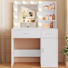 LIVELYGLOW Lighted Makeup Vanity Desk w/ Mirror, Dimming, 2 Drawers, Cabinet, Sh