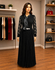 Women s Black Lace Pleated Maxi Dress Collare...