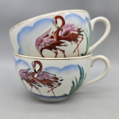 Pink Flamingos - Occupied Japan - 2 Tea Cups by Hadson China, Gold Rims Shabby