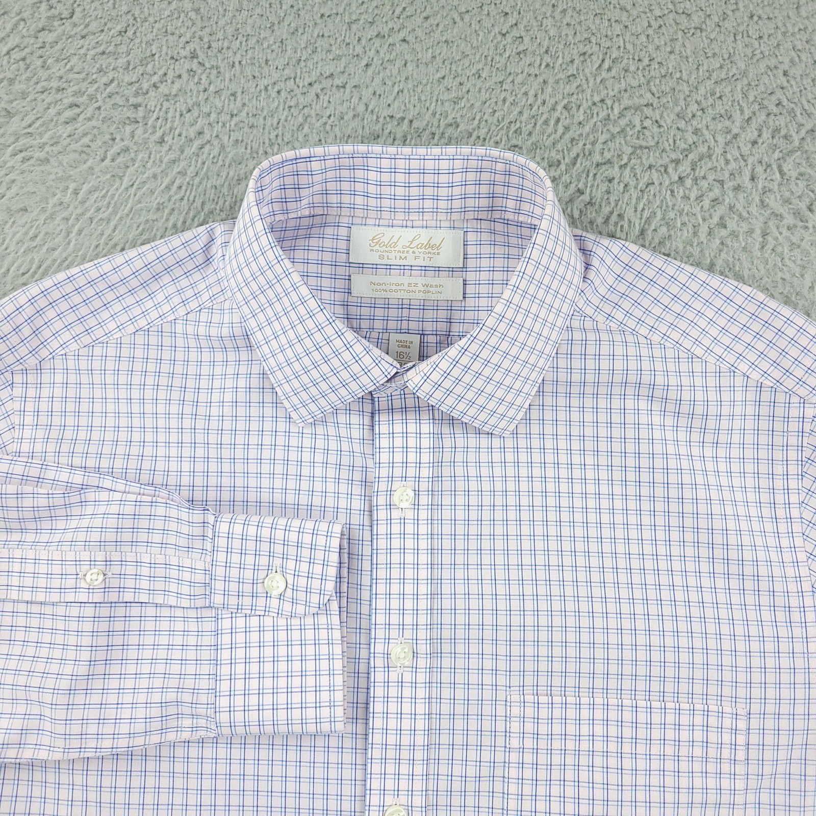Roundtree & Yorke Gold Label Dress Shirt Mens 16.5 35 Slim Fit Blue Check