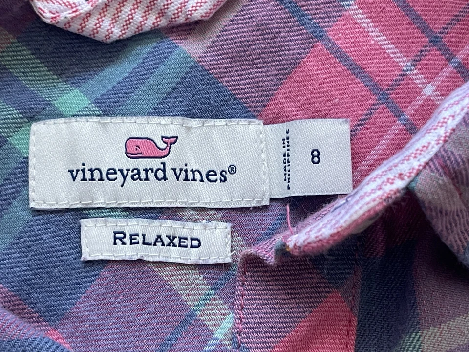 Camisa Vineyard Vines para mujer 8 rosa azul a cuadros con botones calce relajado manga larga Foto 3 de 4