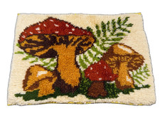 Vintage 1970s Mushroom Latch Hook Wall Hanging Rug Mushroom Home Decor w Binding