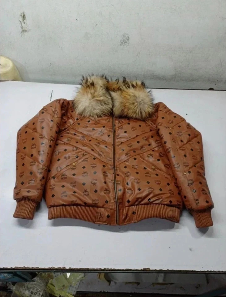 MCM Cognac Monogram Leather Puffer Jacket w/ Fur Collar + Matching Hat - Image 3 of 4