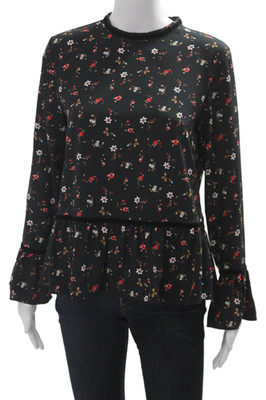 Zara Basic Womens Black Floral Mock Neck Tunic Blouse Long Sleeve Size S