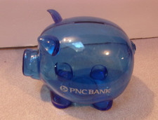 PNC BANK Pig PIGGY COIN BANK Advertising Clear Plastic Blue Promo