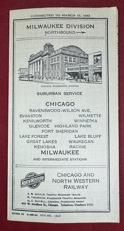 1942 Chicago & North Western Railway Milwaukee Division Public Timetable