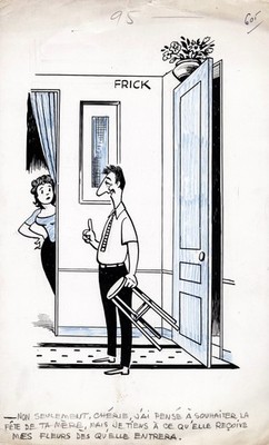 Schwiegermutter mother-in-law Unfall Blumen caricature dessin drawing Frick 1960