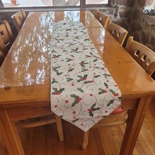 Christmas White Table Runner Holly  Berries Gold Tassel Embroidery 14x70
