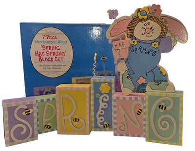 Vintage 7 Pc. Easter Blocks Sue Dreamer Spring Has Sprung Decor Hand Painted 
