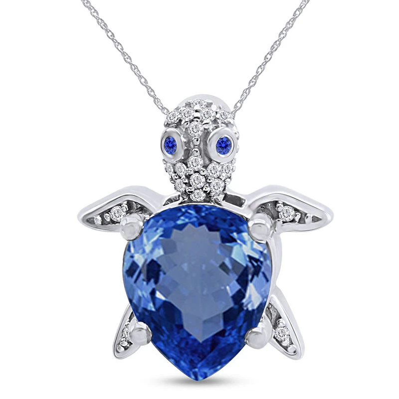 Turtle Pendant Necklace Blue Sapphire 14k White Gold Plated