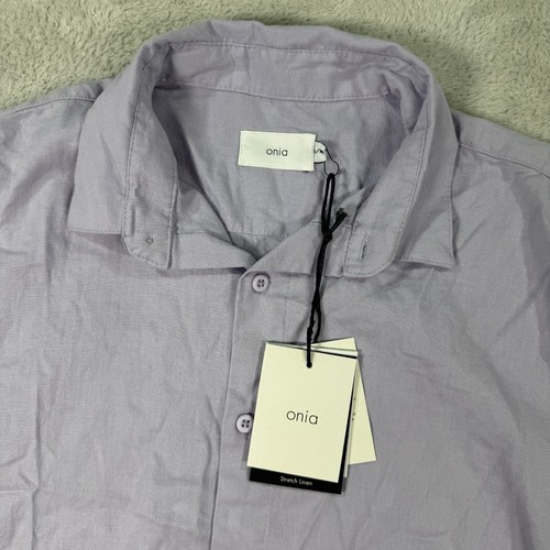 Onia Shirt Mens Medium Purple Linen 4-Way Stretch Short Sleeve Collar Button-Up