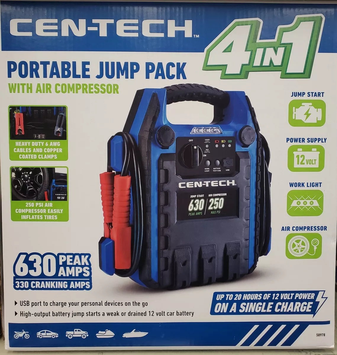 CENTECH 4-in-1 630 Peak Amp Portable Jump Starter