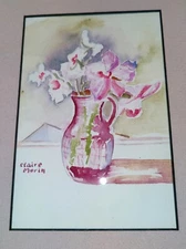Claire Morin Watercolor Painting Art Flowers Pitcher Pink Mat Silver Wood Frame